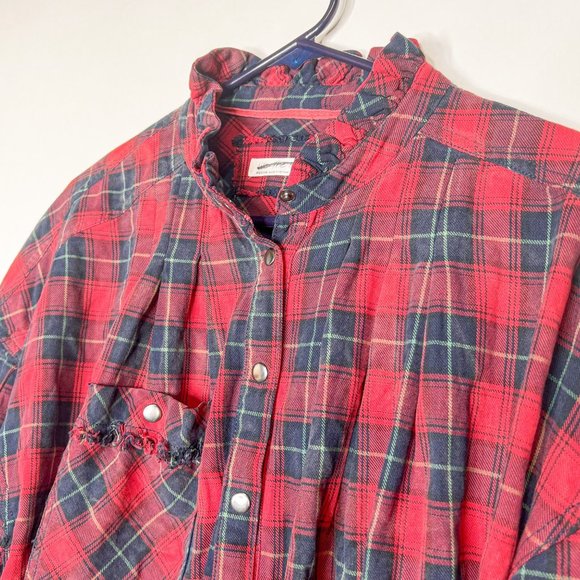 NEW Free People Emily Red Plaid Flannel Ruffle Shirt Jacket - XS - Picture 4 of 6